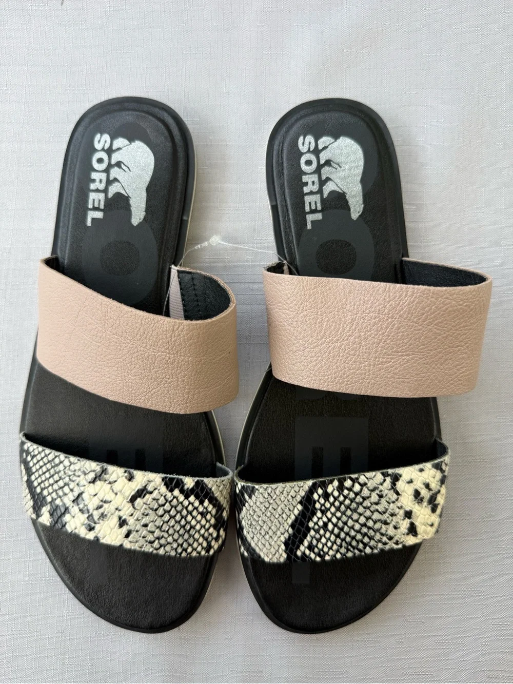 Sorel Women’s Slide Sandals Snake Skin Black/Beige Slip-On Leather US 8.5